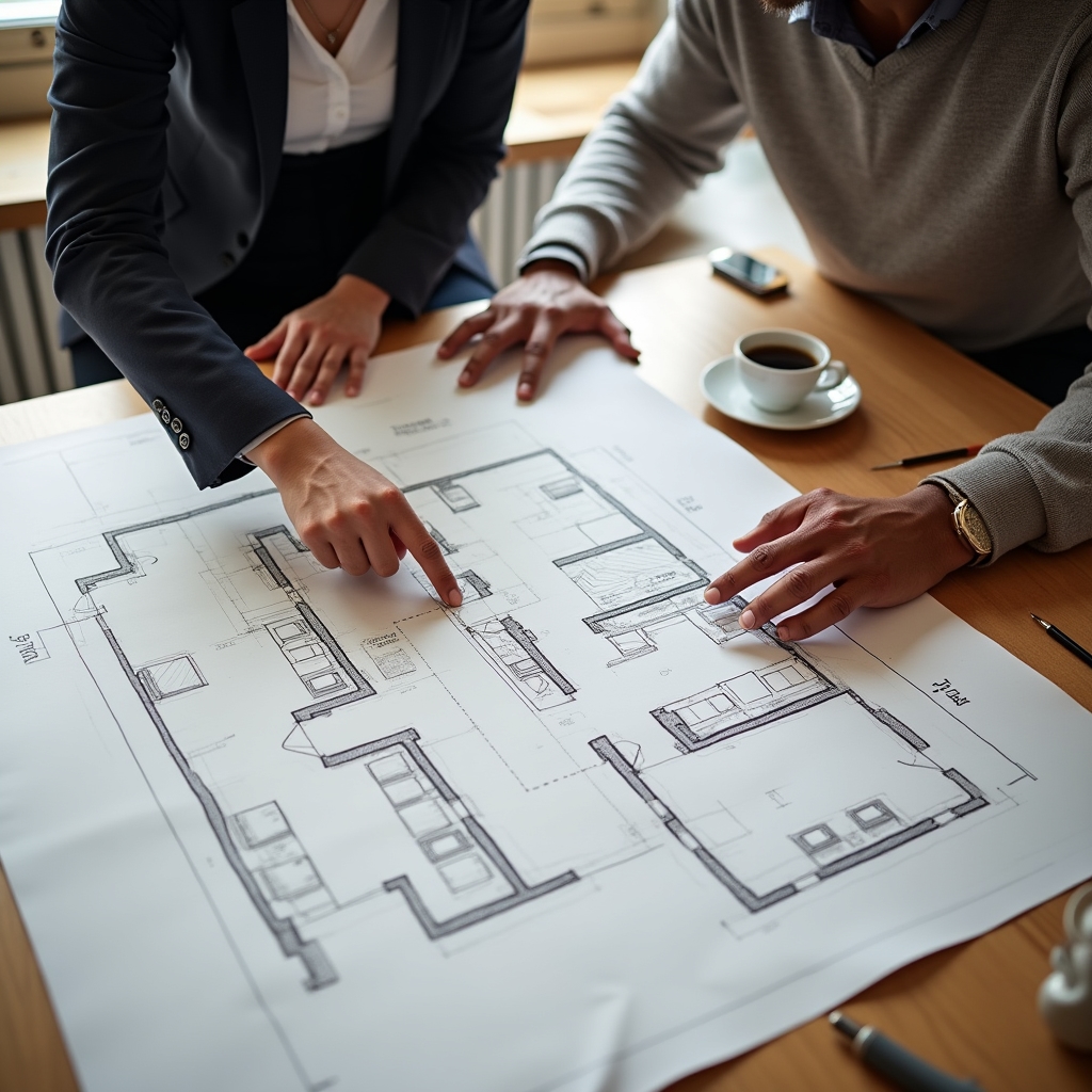 Sesión de trabajo sobre un plano de distribución de un futuro coworking