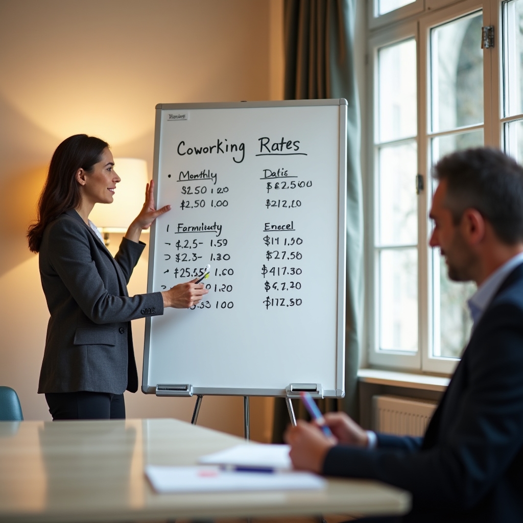 Sesión de trabajo definiendo tarifas por horas y por mes para un coworking