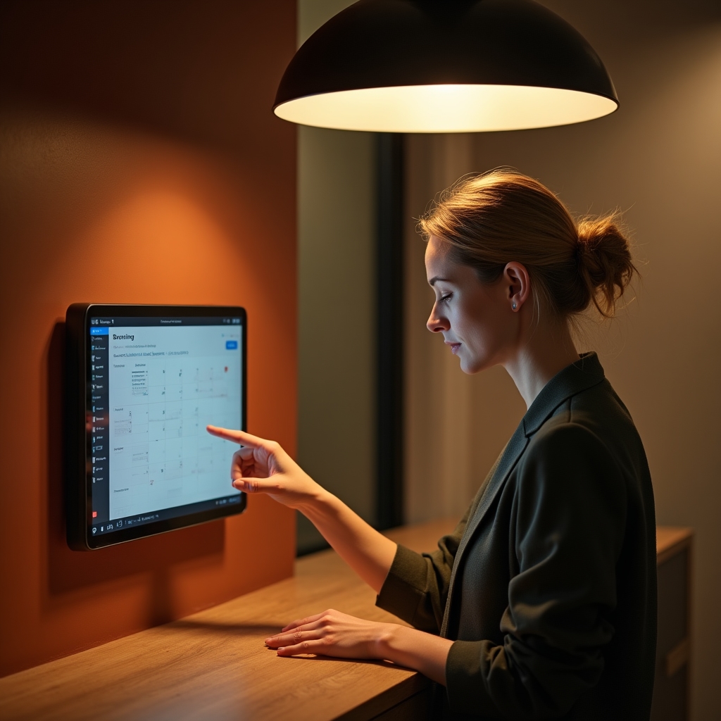 Panel de reservas digital en la recepción de un coworking de barrio