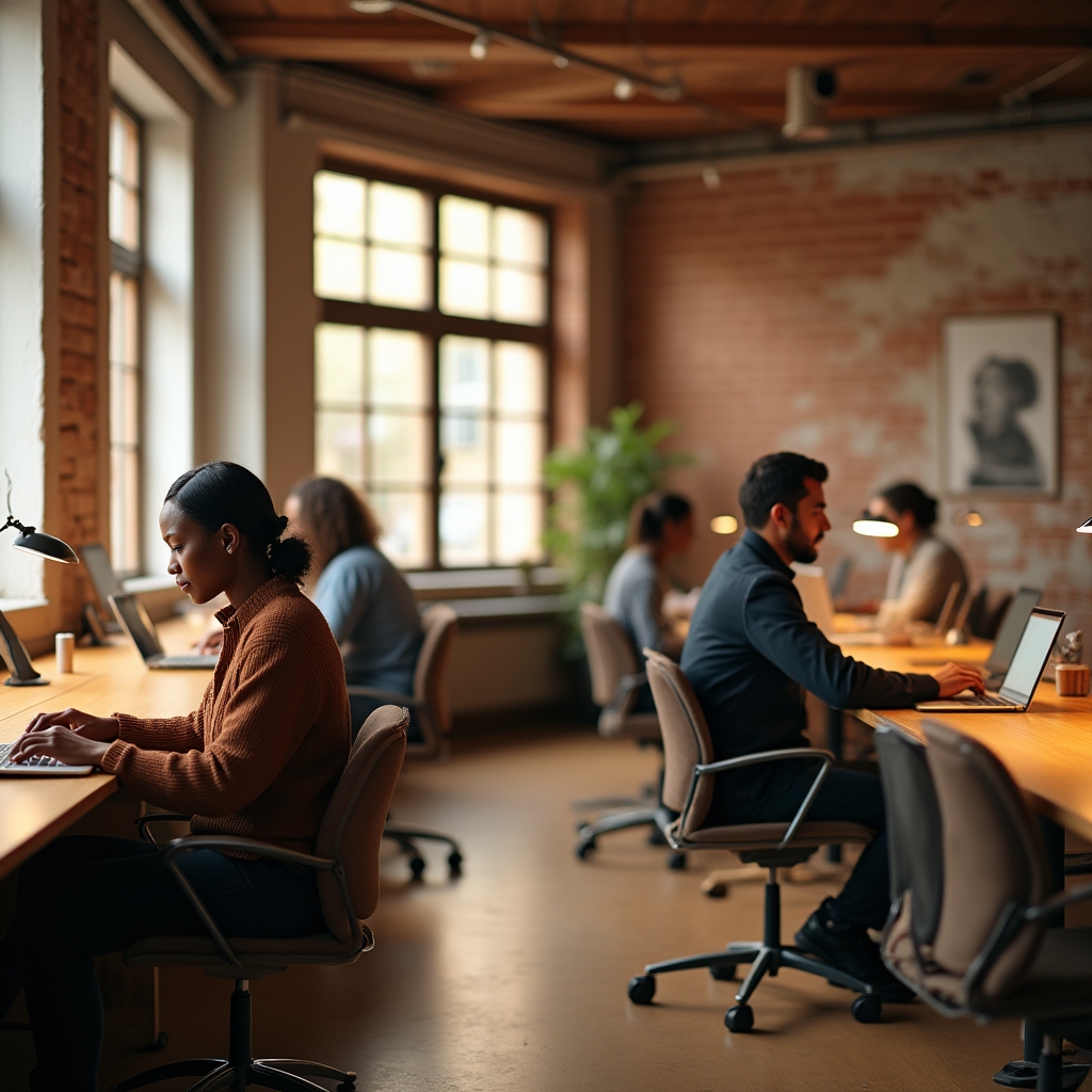Zona de trabajo individual con escritorios compartidos en un coworking de barrio